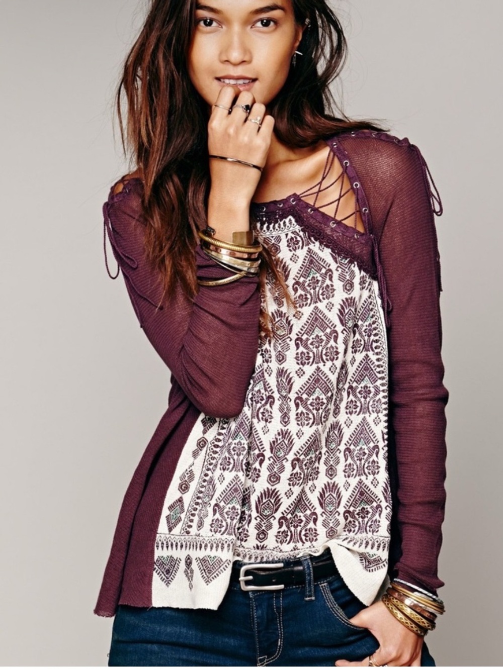 New Romantics Bird In Hand Lace Up Shoulder Cotton Mesh Top Size S Festival Boho
